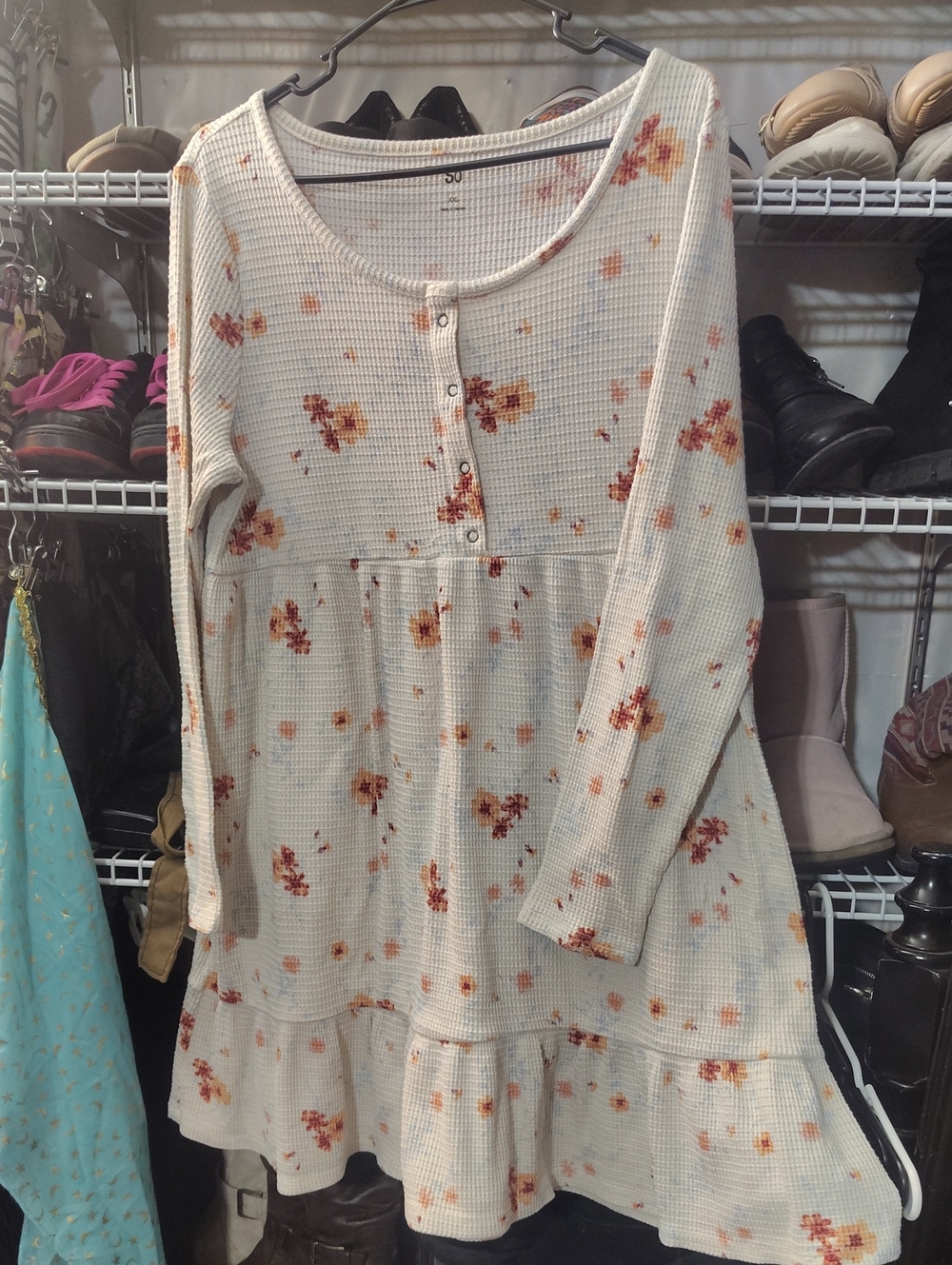SO Cream Waffle-Knit Floral Tunic with Rust and Orange Blooms